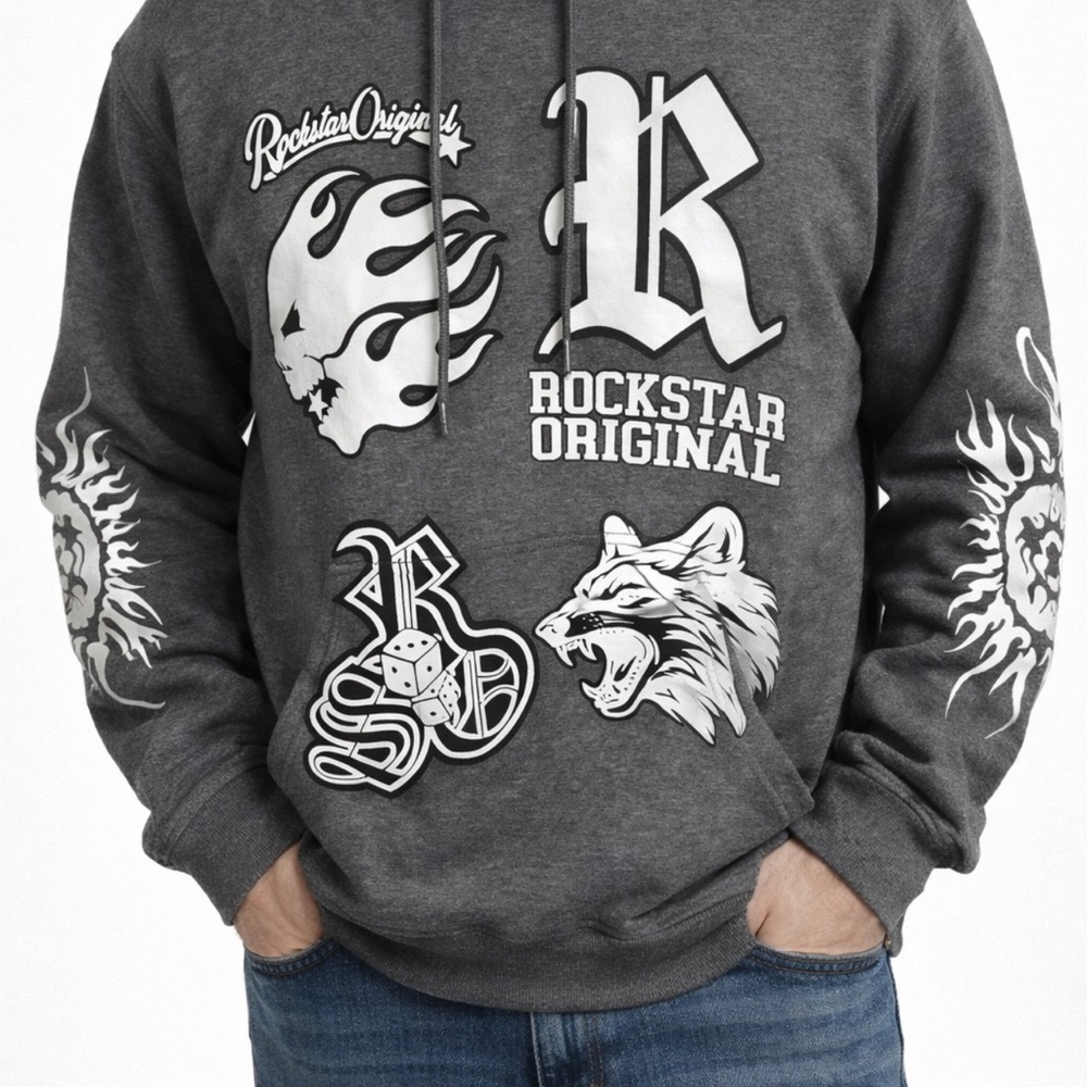 Rockstar Original Hoodie Mens Graphic Streetwear Gray Pullover Skull 2XL